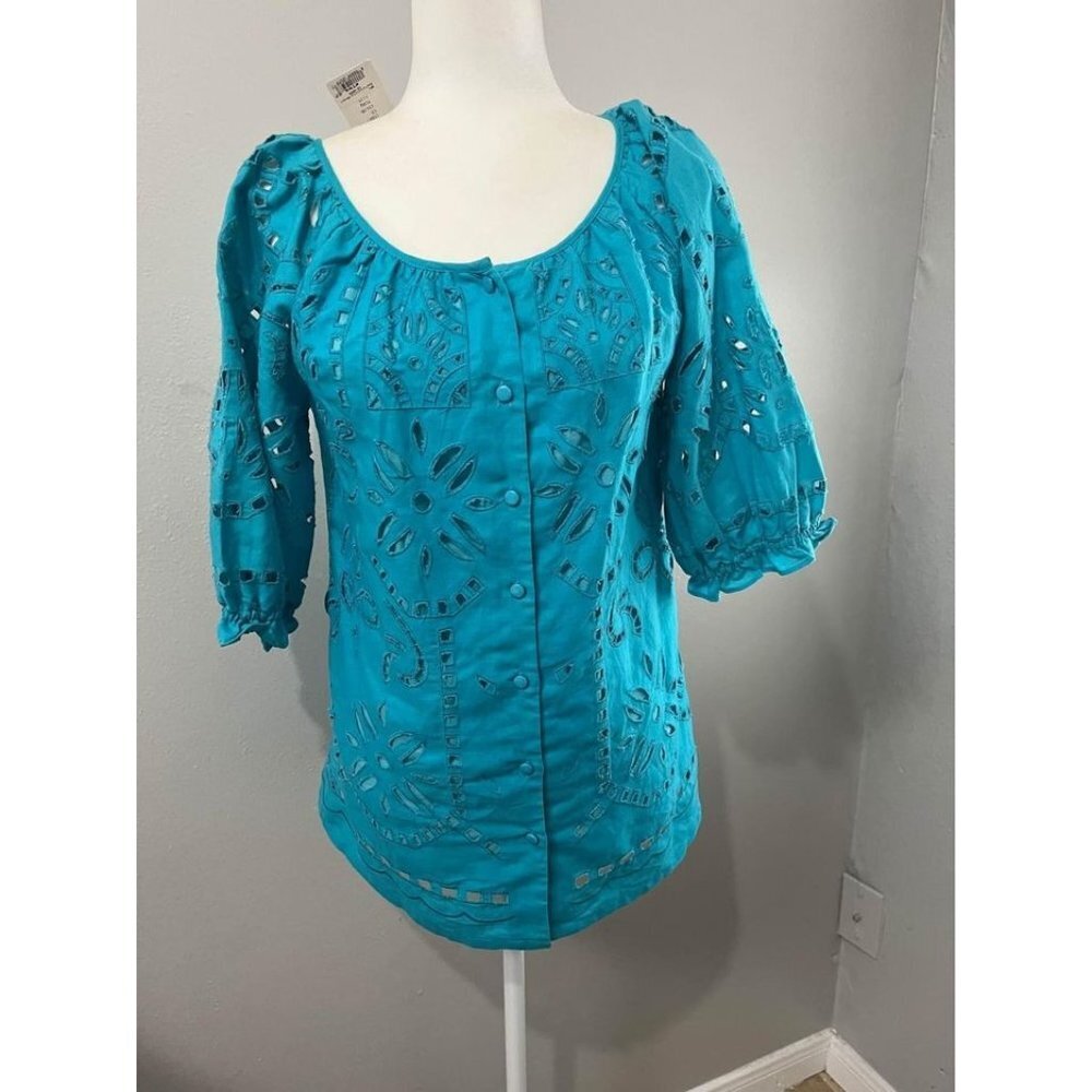 Jade Melody Tam eyelet embroidered blue blouse size small coastal